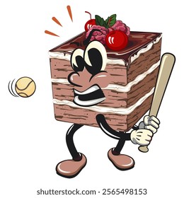 black fores cake cute cartoon isolated vector illustration character mascot playing baseball ready to hit the ball with the bat, work of hand drawn