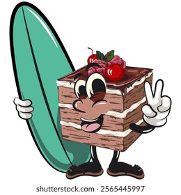 black forest cake cute cartoon isolated vector illustration character mascot with surfboard and gave a peace sign, work of hand drawn