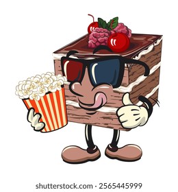 black forest cake cute cartoon isolated vector illustration character mascot with a bucket of popcorn with wearing 3d glasses, work of hand drawn