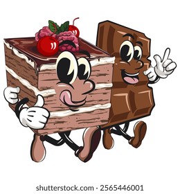 black forest cake cute cartoon isolated vector illustration character mascot walk with a chocolate bar character while giving thumbs up, work of hand drawn