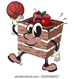 black forest cake cute cartoon isolated vector illustration character mascot playing basketba, work of hand drawn