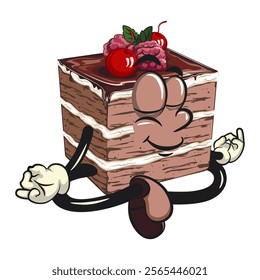 black forest cake cute cartoon isolated vector illustration character mascot meditating, work of hand drawn