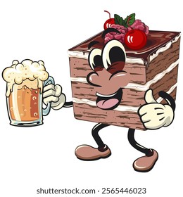 black forest cake cute cartoon isolated vector illustration character mascot lift a big glass of beer, work of hand drawn