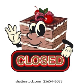 black forest cake cute cartoon isolated vector illustration character mascot showing a sign that says closed while waving his hand, work of hand drawn