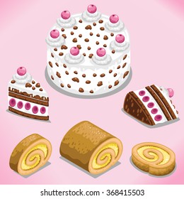 Black forest cake and lemon roll (whole and pieces/slices) on pink background 