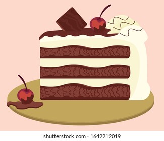 Black Forest Cake Slice. Schwarzwald Pie. Hand Drawn Vector Illustration.