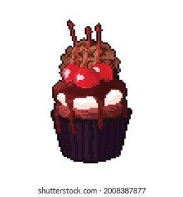 Black Forest Cupcake With Pixel Art Style