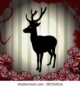 Black forest deer silhouette. Suitable for emblem, pattern, typography etc. Dark stag with carnations. 