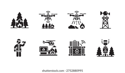 Black forest firefighting icons set including helicopter, drone, and fire lookout tower