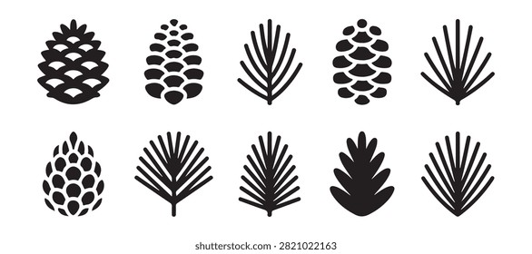 Black forest objects, pinecone and fir tree branch icons, isolated vector illustration for decoration.