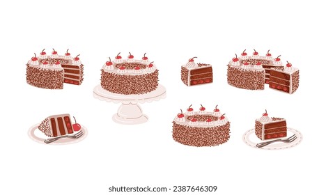 Black forest or schwarzwald cake sweet pasty or dessert from germany with cherrys on the plate.Different pieces.Vector illustration in cartoon style isolated on white background