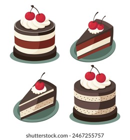 Black forest or schwarzwald cake sweet pasty or dessert from germany with cherrys on the plate.Different pieces.Vector illustration 