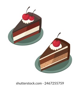 Bosque negro o pastel de schwarzwald dulce pastoso o postre de Alemania con cerezas en el plato. Diferentes piezas. Ilustración vectorial 