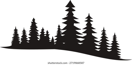 "Silueta de bosque negro con pinos en una colina curva. Ilustración de paisaje de naturaleza mínima en estilo plano. Ideal para exteriores, áreas silvestres y fondos de diseño ambiental".