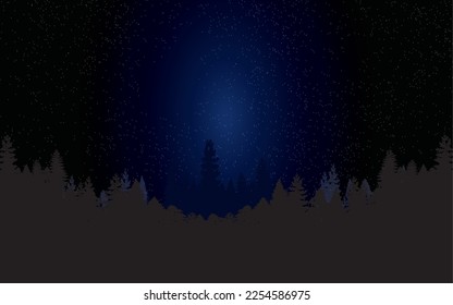 Black forest under the starry sky. On the horizon mountains and forest. Concept of a beautiful starry night sky and the Milky Way. Vector illustration