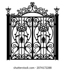 Black forged gate with ornaments on a white background