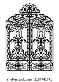 Black forged iron gate with ornaments on a white background