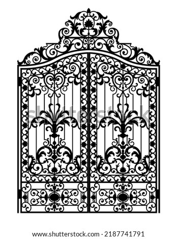 Black forged iron gate with ornaments on a white background