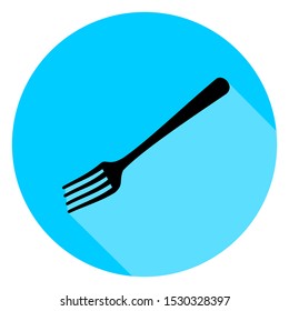 Black fork circle icon with long shadow on blue background. Vector Illustration for cutlery symbol.  