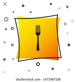 Black Fork icon isolated on white background. Cutlery symbol. Yellow square button. Vector Illustration