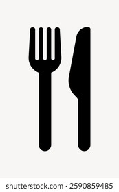 Black fork and knife icon on a white background. Simple fork and knife design. Minimalist fork and knife symbol. Cutlery illustration for dining themes. User interface icon vector.