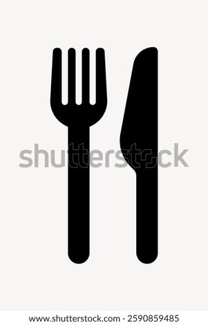 Black fork and knife icon on a white background. Simple fork and knife design. Minimalist fork and knife symbol. Cutlery illustration for dining themes. User interface icon vector.