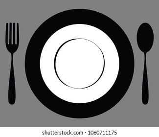 Black Fork, Knife and Plate on plate grey background. Vector illustration, Table Set, Kitchen theme background