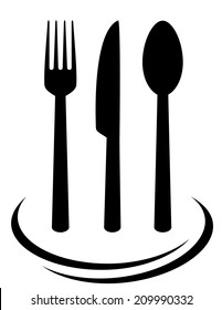 black fork knife and spoon silhouettes on white background