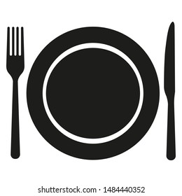 Black fork plate and knife icon isolated on white background