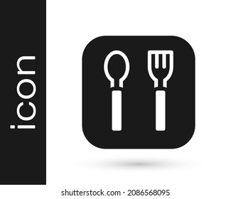 Black Fork and spoon icon isolated on white background. Cooking utensil. Cutlery sign.  Vector