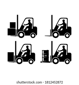 Black forklift truck vector icon on white background