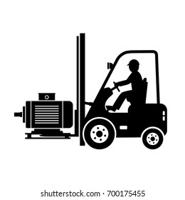 Black forklift truck vector icon on white background