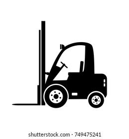 Black forklift truck vector icon on white background