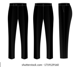 Black Formal Trousers Template on White Background. Front, Back, and Side Views, Vector File.