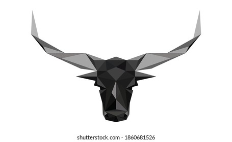 Black formidable and angry bull with large sharp horns isolated on a white background. Vector illustration made of dark polygons.