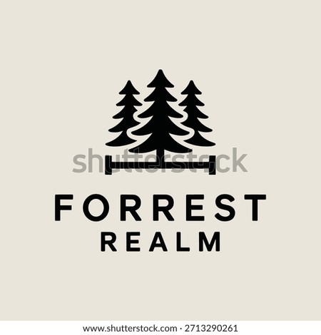 Black forrest realm logo with pine trees on beige background