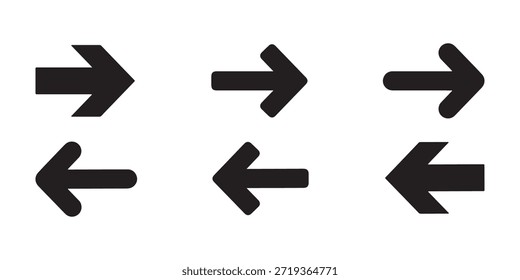 Conjunto direccional de flecha hacia adelante negra hacia atrás. Botón, signo y colección del cursor. Aislado en un fondo blanco. 