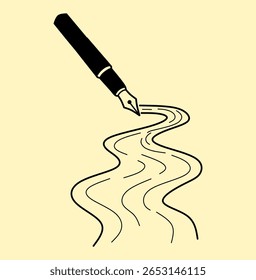 Black fountain pen is drawing a winding road or path on a cream colored background, creating a simple and minimalist illustration great for design and creative projects.