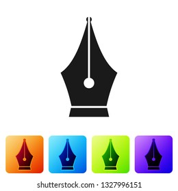 Black Fountain pen nib icon isolated on white background. Pen tool sign. Set icon in color square buttons. Vector Illustration