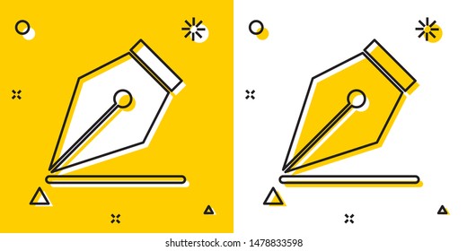 Black Fountain pen nib icon isolated on yellow and white background. Pen tool sign. Random dynamic shapes. Vector Illustration