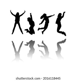 black four jumping girls and shadows. concept of lifestyle, joyful mood, funny kids, flying teenagers, cheerful freedom-loving students. simple design, black sign isolated on white background