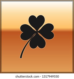 Black Four leaf clover icon isolated on gold background. Happy Saint Patrick day. Vector Illustration