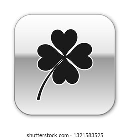 Black Four leaf clover icon isolated on white background. Happy Saint Patrick day. Silver square button. Vector Illustration