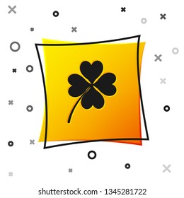 Black Four leaf clover icon isolated on white background. Happy Saint Patrick day. Yellow square button. Vector Illustration