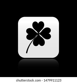 Black Four leaf clover icon isolated on black background. Happy Saint Patrick day. Square button vector Illustration