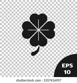 Black Four leaf clover icon isolated on transparent background. Happy Saint Patrick day.  Vector Illustration