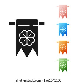 Black Four leaf clover icon isolated on white background. Party pennant for birthday celebration, festival. Happy Saint Patrick day. Set icons colorful. Vector Illustration