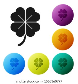 Black Four leaf clover icon isolated on white background. Happy Saint Patrick day. Set icons colorful circle buttons. Vector Illustration