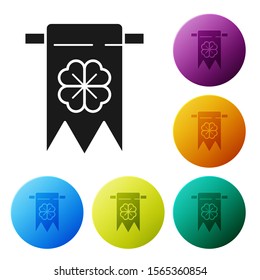 Black Four leaf clover icon isolated on white background. Party pennant for birthday celebration, festival. Happy Saint Patrick day. Set icons colorful circle buttons. Vector Illustration