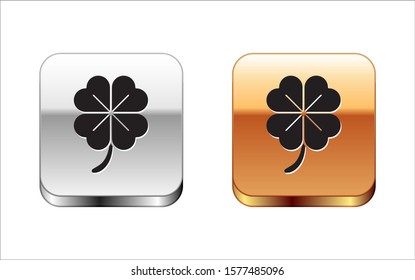 Black Four leaf clover icon isolated on white background. Happy Saint Patrick day. Silver-gold square button. Vector Illustration